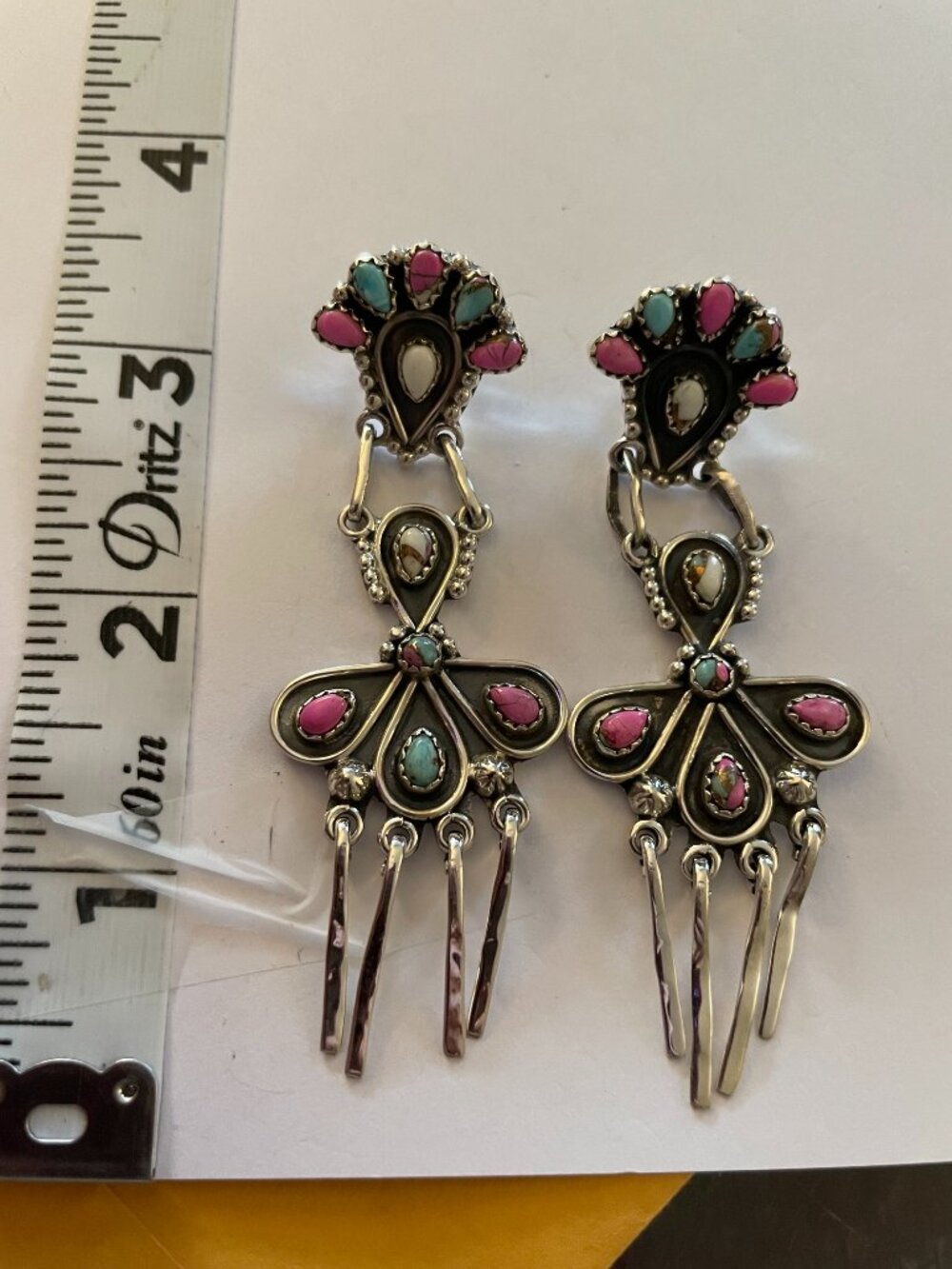 NEW Sterling Silver Earrings Native Inspired Cotton Candy Turquoise 19 grams - Picture 2 of 10